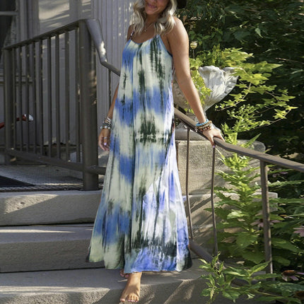 Women's Casual Summer Maxi Dresses Sleeveless Spaghetti Strap Loose Tie Dye Dresses