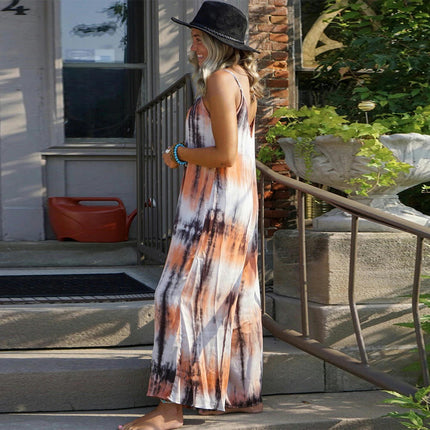 Women's Casual Summer Maxi Dresses Sleeveless Spaghetti Strap Loose Tie Dye Dresses