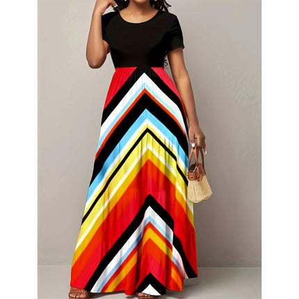 Women's Summer Short Sleeve Maxi Dress Casual Crewneck Swing A Line Long Dress