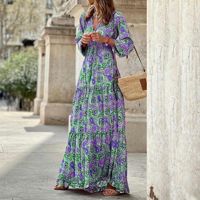 Women's Summer V Neck Long Sleeves Boho Floral Print Tiered Casual Flowy Maxi Dress