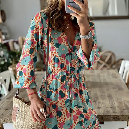 Women's Summer V Neck Long Sleeves Boho Floral Print Tiered Casual Flowy Maxi Dress