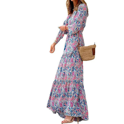 Women's Summer V Neck Long Sleeves Boho Floral Print Tiered Casual Flowy Maxi Dress