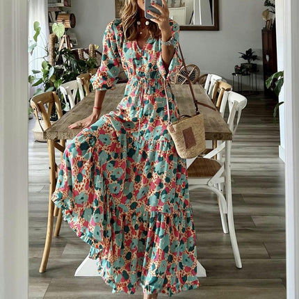 Women's Summer V Neck Long Sleeves Boho Floral Print Tiered Casual Flowy Maxi Dress