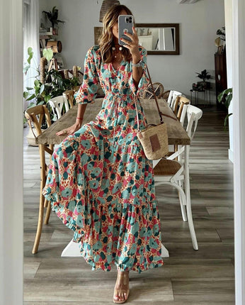 Women's Summer V Neck Long Sleeves Boho Floral Print Tiered Casual Flowy Maxi Dress