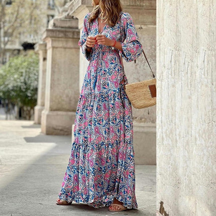 Women's Summer V Neck Long Sleeves Boho Floral Print Tiered Casual Flowy Maxi Dress