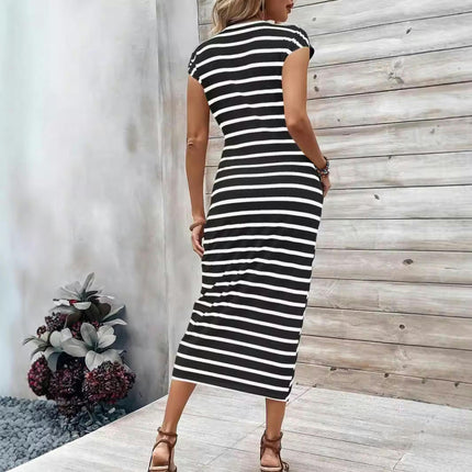 Women's Summer Casual Short Sleeve Dress Crewneck Striped Tie Waist Bodycon Maxi Dresses