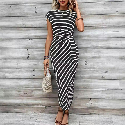 Women's Summer Casual Short Sleeve Dress Crewneck Striped Tie Waist Bodycon Maxi Dresses