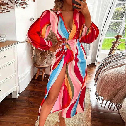 Women's Summer Lapel V Neck Puff Long Sleeve Print Slit Long Maxi Dresses