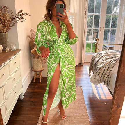 Women's Summer Lapel V Neck Puff Long Sleeve Print Slit Long Maxi Dresses