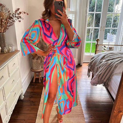 Women's Summer Lapel V Neck Puff Long Sleeve Print Slit Long Maxi Dresses