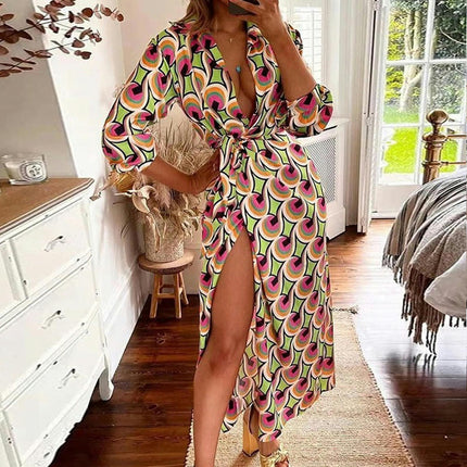 Women's Summer Lapel V Neck Puff Long Sleeve Print Slit Long Maxi Dresses