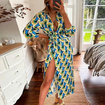 Women's Summer Lapel V Neck Puff Long Sleeve Print Slit Long Maxi Dresses