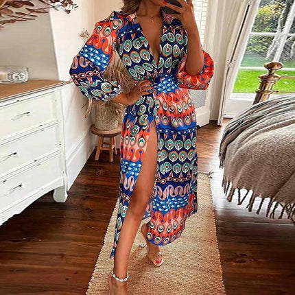 Women's Summer Lapel V Neck Puff Long Sleeve Print Slit Long Maxi Dresses