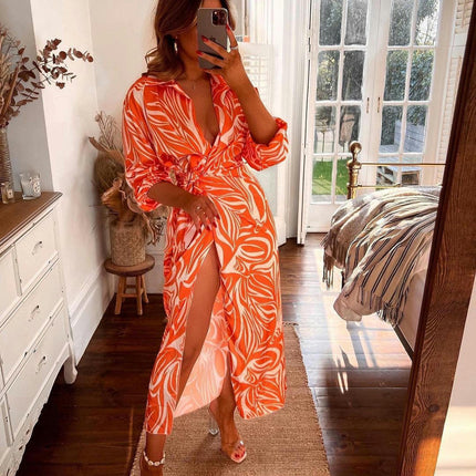 Women's Summer Lapel V Neck Puff Long Sleeve Print Slit Long Maxi Dresses