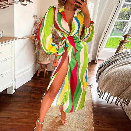 Women's Summer Lapel V Neck Puff Long Sleeve Print Slit Long Maxi Dresses