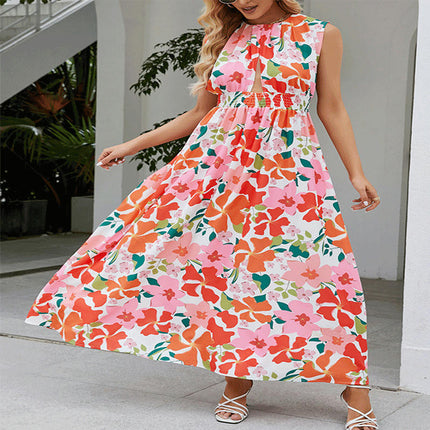 Women's Print Sleeveless Crew Neck Dress Cut Out A Line Summer Maxi Dress