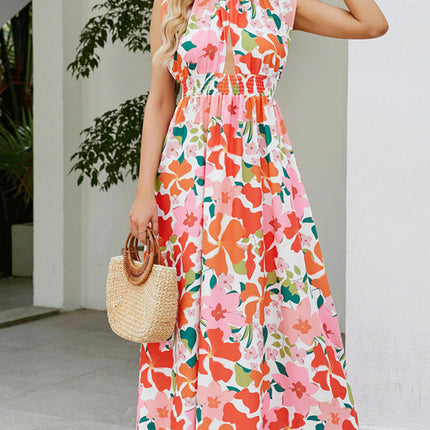 Women's Print Sleeveless Crew Neck Dress Cut Out A Line Summer Maxi Dress