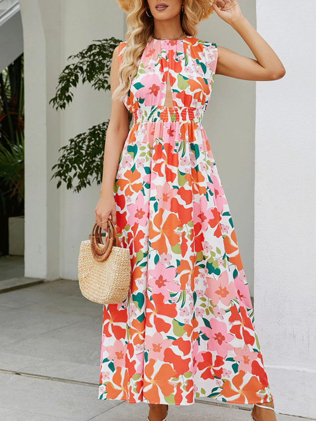 Women's Print Sleeveless Crew Neck Dress Cut Out A Line Summer Maxi Dress