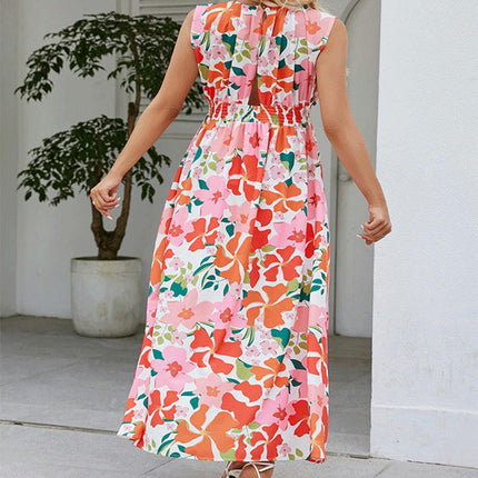 Women's Print Sleeveless Crew Neck Dress Cut Out A Line Summer Maxi Dress