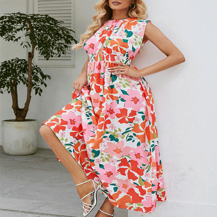 Women's Print Sleeveless Crew Neck Dress Cut Out A Line Summer Maxi Dress