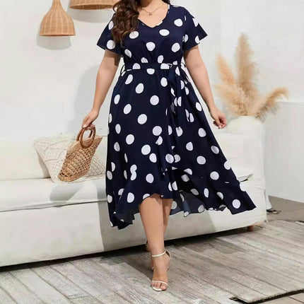 Womens Plus Size V Neck Short Sleeve Dress Ruffled Hem Flowy Printed Midi Dresses