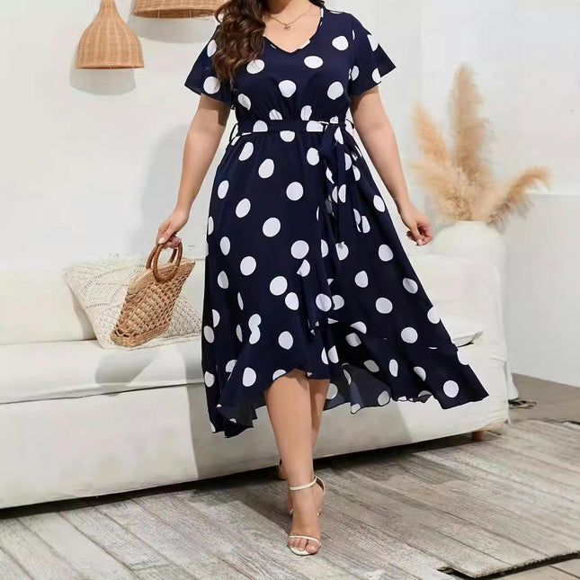 Womens Plus Size V Neck Short Sleeve Dress Ruffled Hem Flowy Printed Midi Dresses