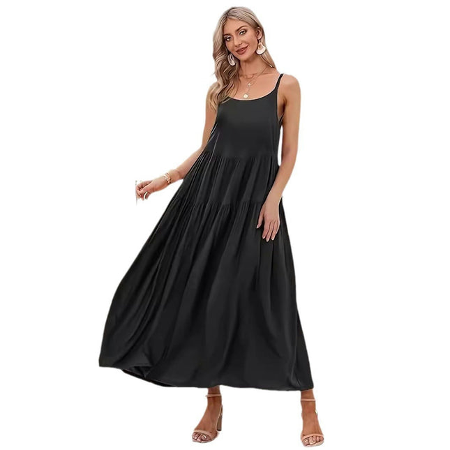 Women Summer Spaghetti Strap Maxi Dress Sleeveless Swing Casual Tiered Long Sundress