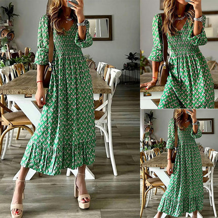 Women's Summer Dresses Casual Puff Long Sleeve V Neck Floral Print Ruffle Flowy Maxi Dress