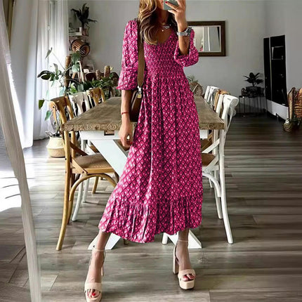 Women's Summer Dresses Casual Puff Long Sleeve V Neck Floral Print Ruffle Flowy Maxi Dress