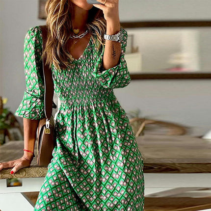 Women's Summer Dresses Casual Puff Long Sleeve V Neck Floral Print Ruffle Flowy Maxi Dress