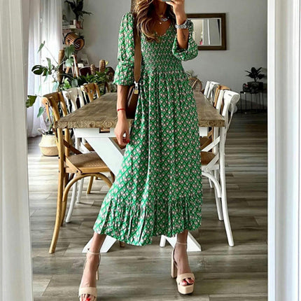 Women's Summer Dresses Casual Puff Long Sleeve V Neck Floral Print Ruffle Flowy Maxi Dress