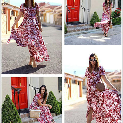 Women's Boho Maxi Dress Casual Short Sleeve V Neck Beach Long Flowy Printed Dresses