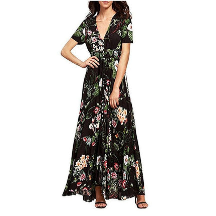 Women's Boho Maxi Dress Casual Short Sleeve V Neck Beach Long Flowy Printed Dresses