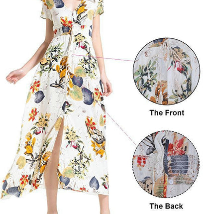 Women's Boho Maxi Dress Casual Short Sleeve V Neck Beach Long Flowy Printed Dresses