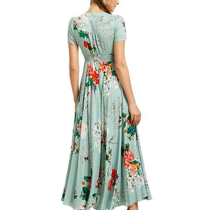 Women's Boho Maxi Dress Casual Short Sleeve V Neck Beach Long Flowy Printed Dresses