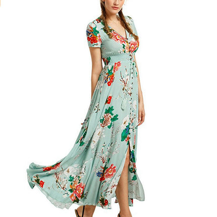 Women's Boho Maxi Dress Casual Short Sleeve V Neck Beach Long Flowy Printed Dresses