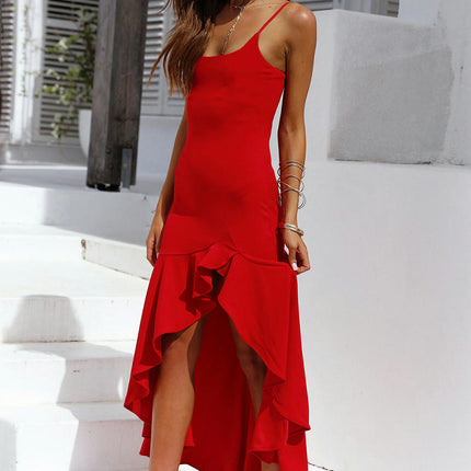 Women Summer Midi Dresses Spaghetti Strap Sleeveless Asymmetrical Ruffled Hem Dress