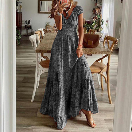 Women Printed Summer Dresses Casual Short Sleeve V Neck Tiered Flowy Maxi Dress