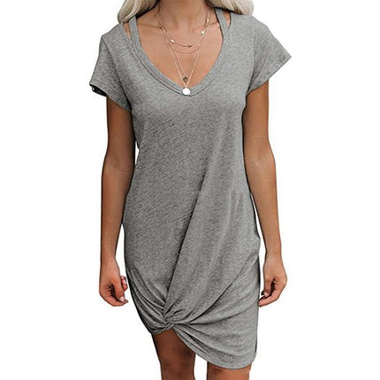 Women's Summer V Neck Casual Short Sleeve Solid Color Twist T-shirt Dress