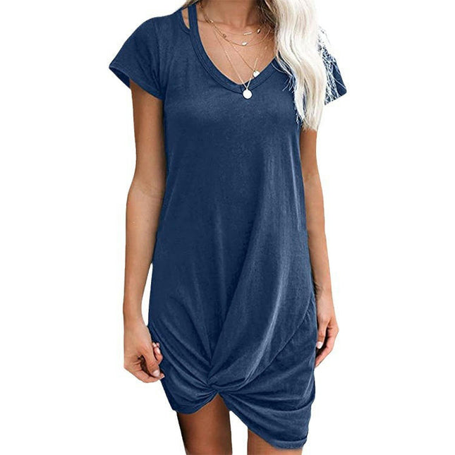 Women's Summer V Neck Casual Short Sleeve Solid Color Twist T-shirt Dress