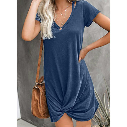 Women's Summer V Neck Casual Short Sleeve Solid Color Twist T-shirt Dress