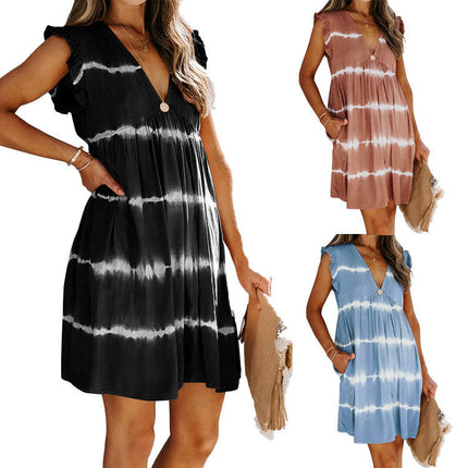 Women's Casual Summer Ruffle Sleeve Deep V Neck A-Line Swing Mini Dress