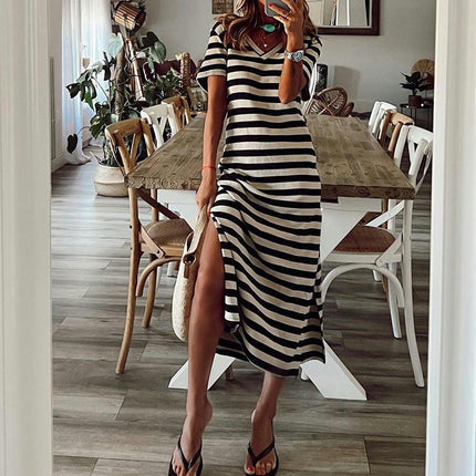 Women's Summer V Neck Dress Casual Short Sleeve Side Slit Striped Long Dresses