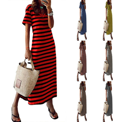 Women's Summer V Neck Dress Casual Short Sleeve Side Slit Striped Long Dresses