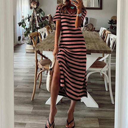 Women's Summer V Neck Dress Casual Short Sleeve Side Slit Striped Long Dresses