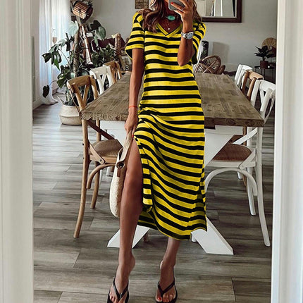 Women's Summer V Neck Dress Casual Short Sleeve Side Slit Striped Long Dresses