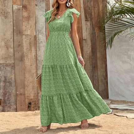 Summer Maxi Dress for Women Casual V Neck Ruffle Sleeve Tiered Flowy Long Floral Dress