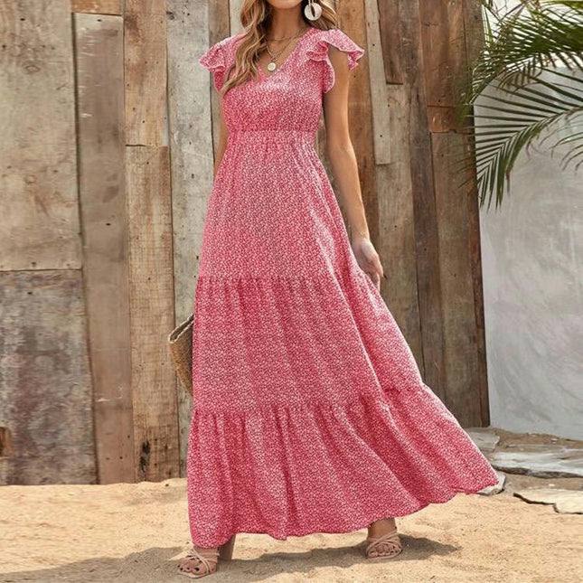 Summer Maxi Dress for Women Casual V Neck Ruffle Sleeve Tiered Flowy Long Floral Dress