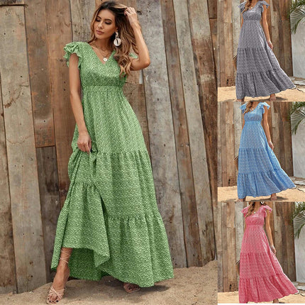 Summer Maxi Dress for Women Casual V Neck Ruffle Sleeve Tiered Flowy Long Floral Dress