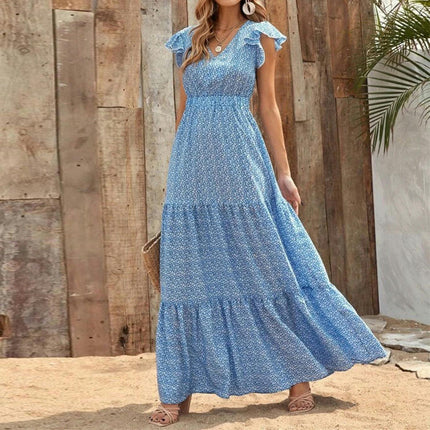 Summer Maxi Dress for Women Casual V Neck Ruffle Sleeve Tiered Flowy Long Floral Dress